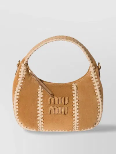 Miu Miu Wander Crochet-trimmed Suede Shoulder Bag In Brown