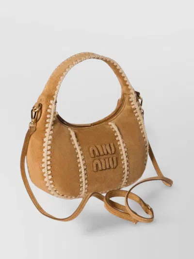 Miu Miu Wander Crochet-trimmed Suede Shoulder Bag In Brown
