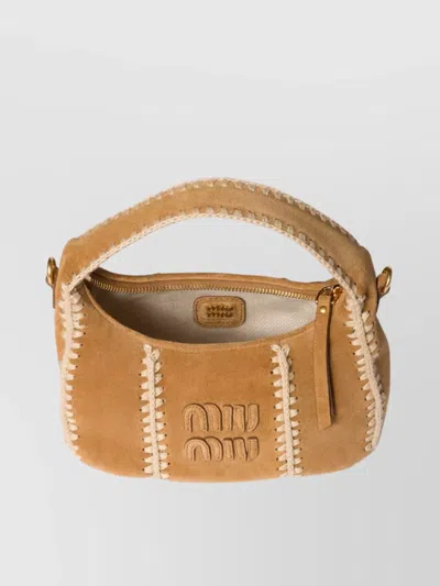 Miu Miu Wander Crochet-trimmed Suede Shoulder Bag In Brown