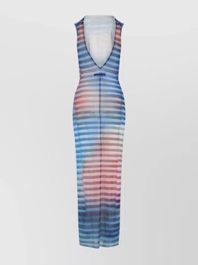 Jean Paul Gaultier Mesh Printed "air" Long Dress In Blue