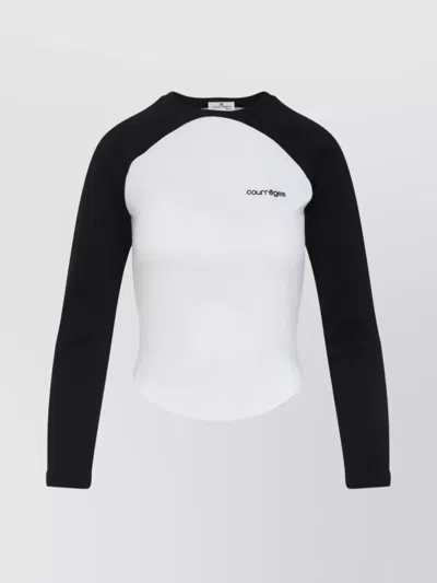 Courrèges Long-sleeved Contrast T-shirt With Rounded Hem And Logo Print In Black