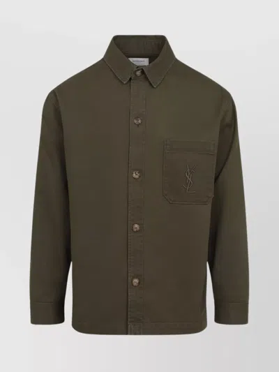 Saint Laurent Green Shirt With Classic Collar And Cassandre Embroidery On The Front In Cotton Man