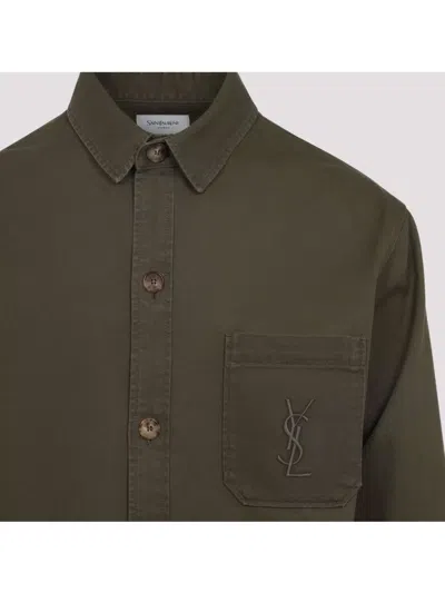 Saint Laurent Green Shirt With Classic Collar And Cassandre Embroidery On The Front In Cotton Man