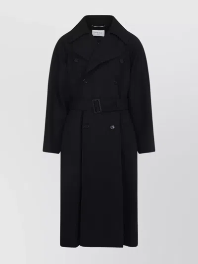 Saint Laurent Double-breasted Long Coat In Grain De Poudre In Black