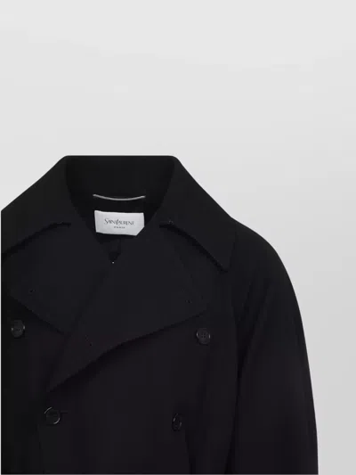 Saint Laurent Double-breasted Long Coat In Grain De Poudre In Black