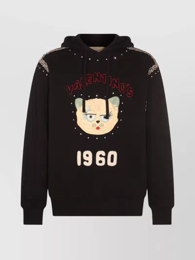 Valentino Garavani Crystal-embellished Hooded Sweater With Embroidered Logo In Black