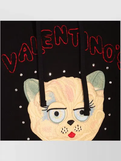 Valentino Garavani Crystal-embellished Hooded Sweater With Embroidered Logo In Black