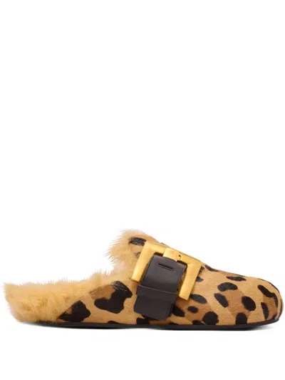 Balmain Anthem Leopard Print Ponyskin Leather And Faux Fur Mules In Brown