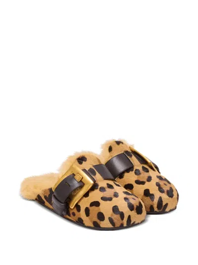 Balmain Anthem Leopard Print Ponyskin Leather And Faux Fur Mules In Brown