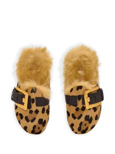Balmain Anthem Leopard Print Ponyskin Leather And Faux Fur Mules In Brown