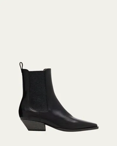Brunello Cucinelli Classic Leather Chelsea Boot With Precious Block Heels In Brown