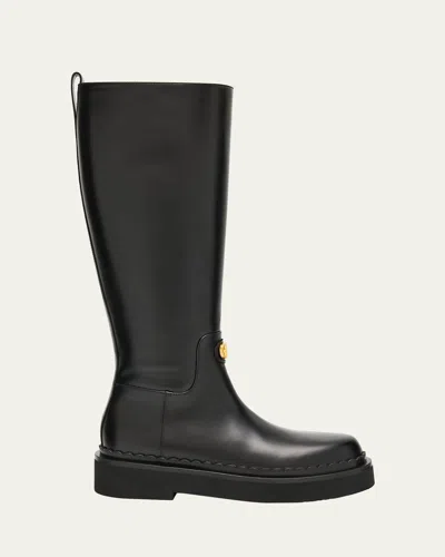 Valentino Vitello Brass Vlogo Leather Knee-high Boots In Black