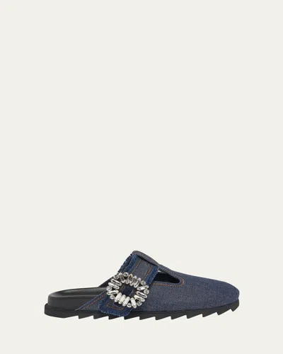 Roger Vivier Denim Crystal Buckle T-strap Mule Clogs In Gray