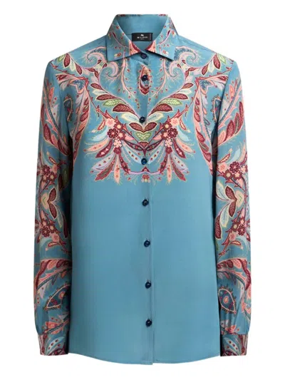 Etro Paisley Print Silk Shirt In Blue