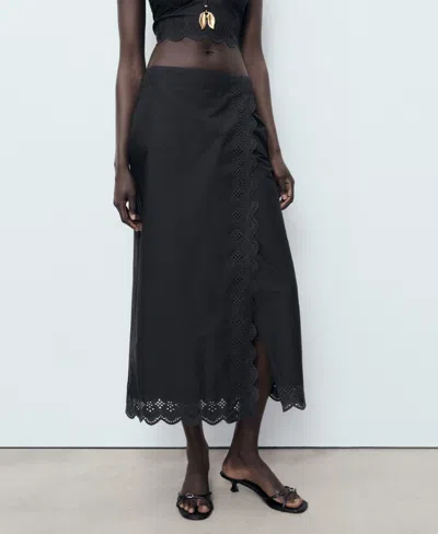 Mango Luisa Embroidered Midi Skirt In Black