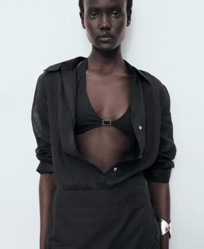 Mango Luisa Embroidered Midi Skirt In Black