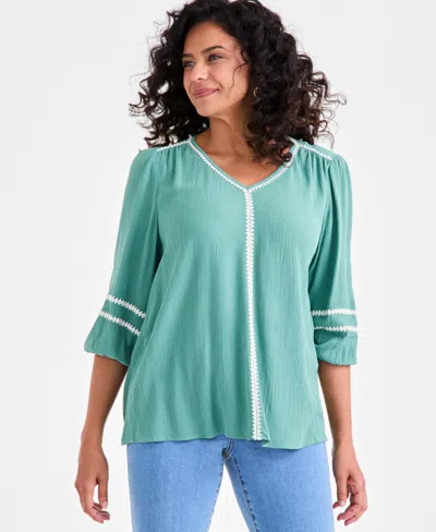 Style & Co Petite Textured Blanket-stitched Top, Exclusively At Macy's In Green