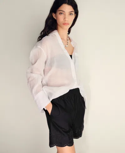 Mango Satin Shorts With Embroidered Hem Black In Black