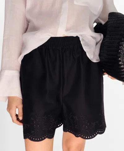 Mango Satin Shorts With Embroidered Hem Black In Black