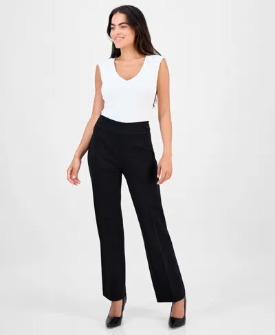 Ak Anne Klein Petite Mid-rise Side-tab Straight-leg Pants In Black