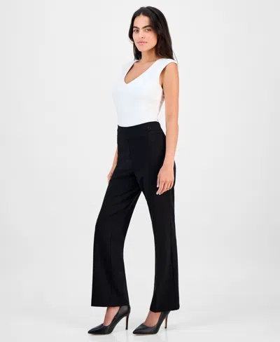 Ak Anne Klein Petite Mid-rise Side-tab Straight-leg Pants In Black