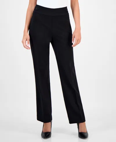 Ak Anne Klein Petite Mid-rise Side-tab Straight-leg Pants In Black