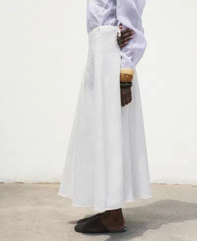Mango Pleated Ramie Midi Skirt In White