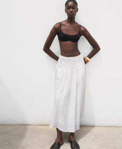 Mango Pleated Ramie Midi Skirt In White