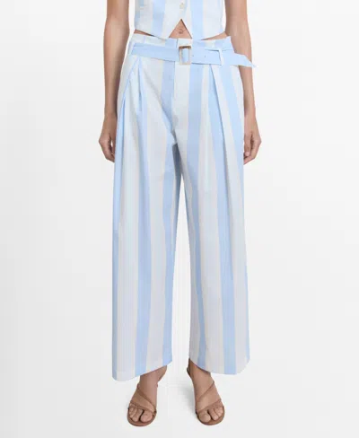Mango Striped Culotte Trousers With Belt Sky Blue In Multi