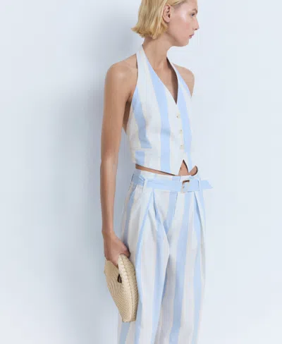 Mango Striped Culotte Trousers With Belt Sky Blue In Multi