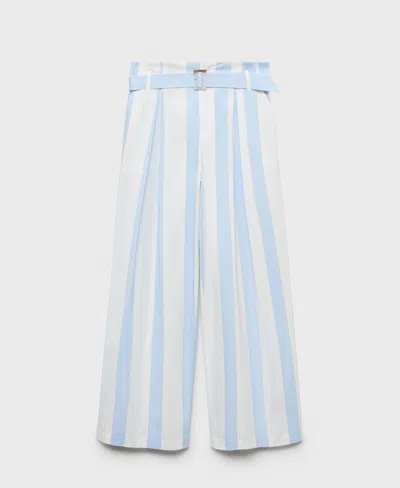 Mango Striped Culotte Trousers With Belt Sky Blue In Multi