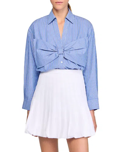 Sandro Cotton Stripe Bow Shirt In Blue