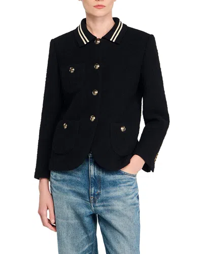 Sandro Womens Black Stripe-collar Tweed Jacket