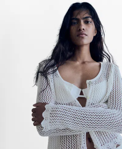 Mango Open Stitch Cardigan In White