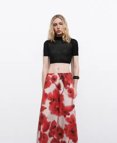 Mango Floral-print Flared Skirt Ecru In Red