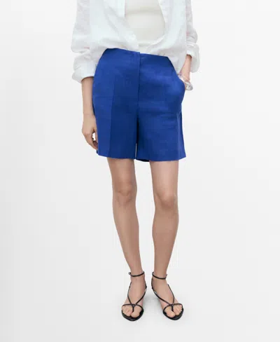 Mango Linen Straight-fit Mid-rise Shorts Indigo Blue In Blue