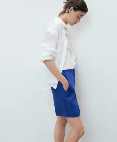 Mango Linen Straight-fit Mid-rise Shorts Indigo Blue In Blue