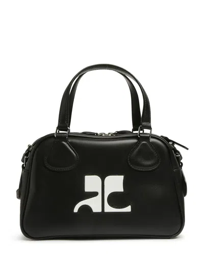 Courrèges Rectangular Black Cowhide Leather Shoulder Bag With Contrasting Logo In Black
