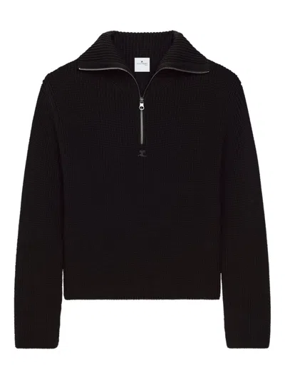 Courrèges Half-zip Sweater With Logo Patch In Black