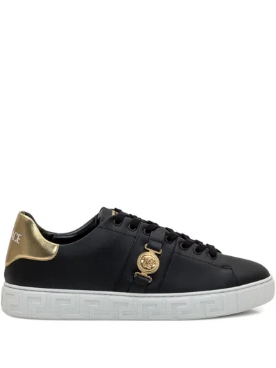 Versace Black Low Top Sneakers With Contrasting Heel With Logo Lettering And Medusa Plaque In Tech Fabric Ma In Black
