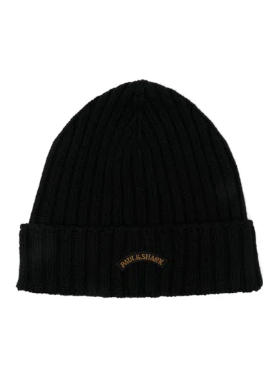 Paul & Shark Fold-over Cuff Wool Beanie For Men In Black