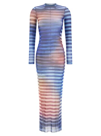 Jean Paul Gaultier Mesh Striped Bodycon Maxi Dress In Blue