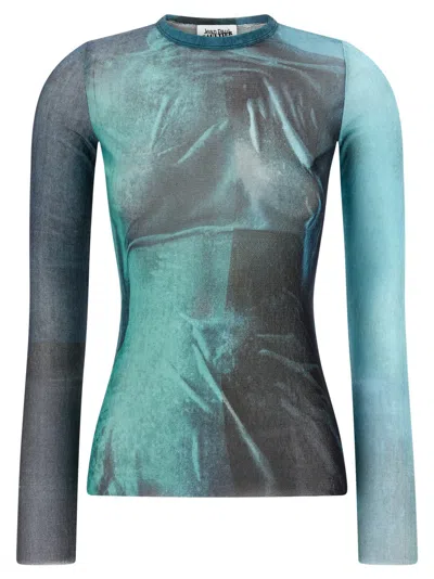 Jean Paul Gaultier Crew Neck Sheer Abstract Print Top In Blue