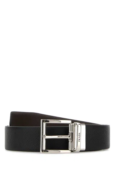 Prada Two-toned Saffiano Leather Reversibile Belt In Black