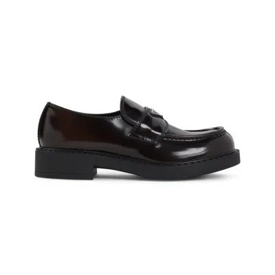 Prada Triangle Logo Chocolate Brushed Leather Loafers In Black