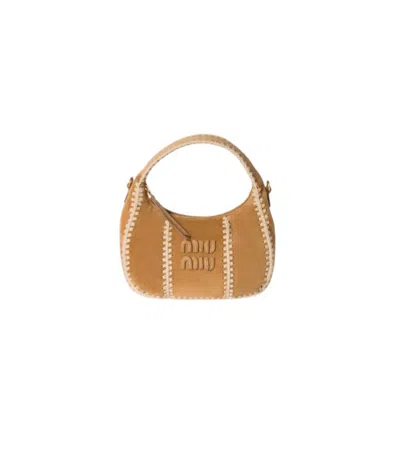 Miu Miu Wander Crochet-trimmed Suede Shoulder Bag In Brown