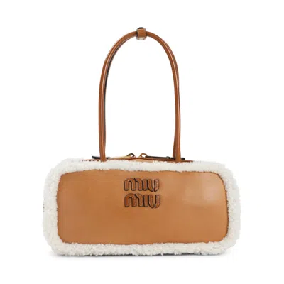 Miu Miu Rectangular Shearling Edge Shoulder Bag In Brown