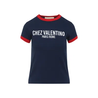 Valentino Crewneck Short Sleeves Contrast Trim Tops In Blue