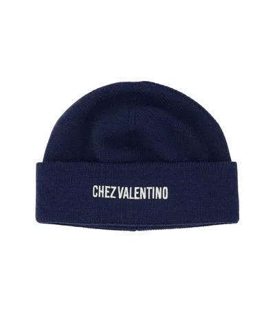 Valentino Garavani Cotton And Wool Blend Beanie With Turn-up Brim In Blue