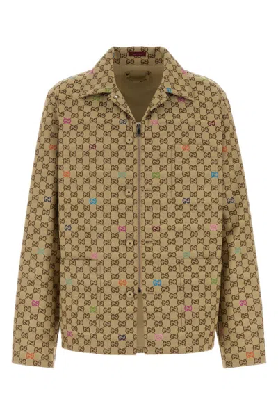 Gucci Beige Shirt With Spread Collar And Two Front Welt Pockets In Gg Canvas Man In Brown